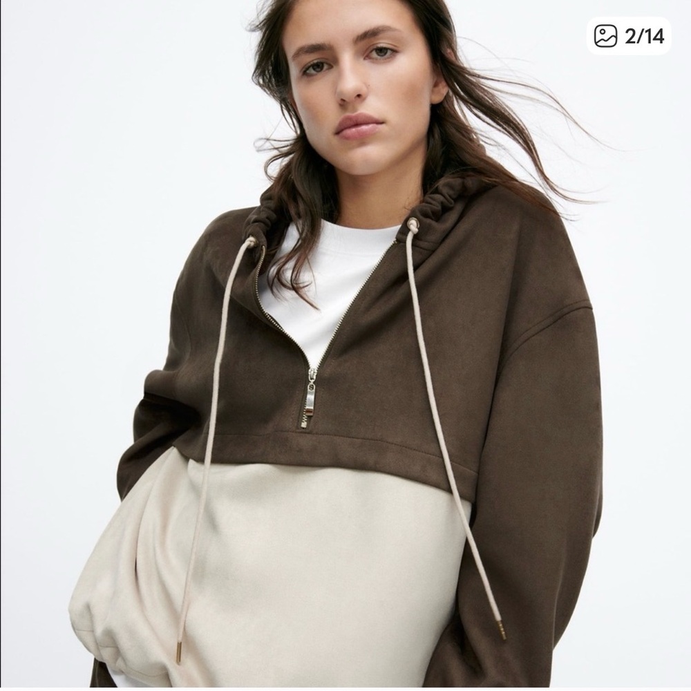 Zara Brown and Cream Half-Zip Hoodie